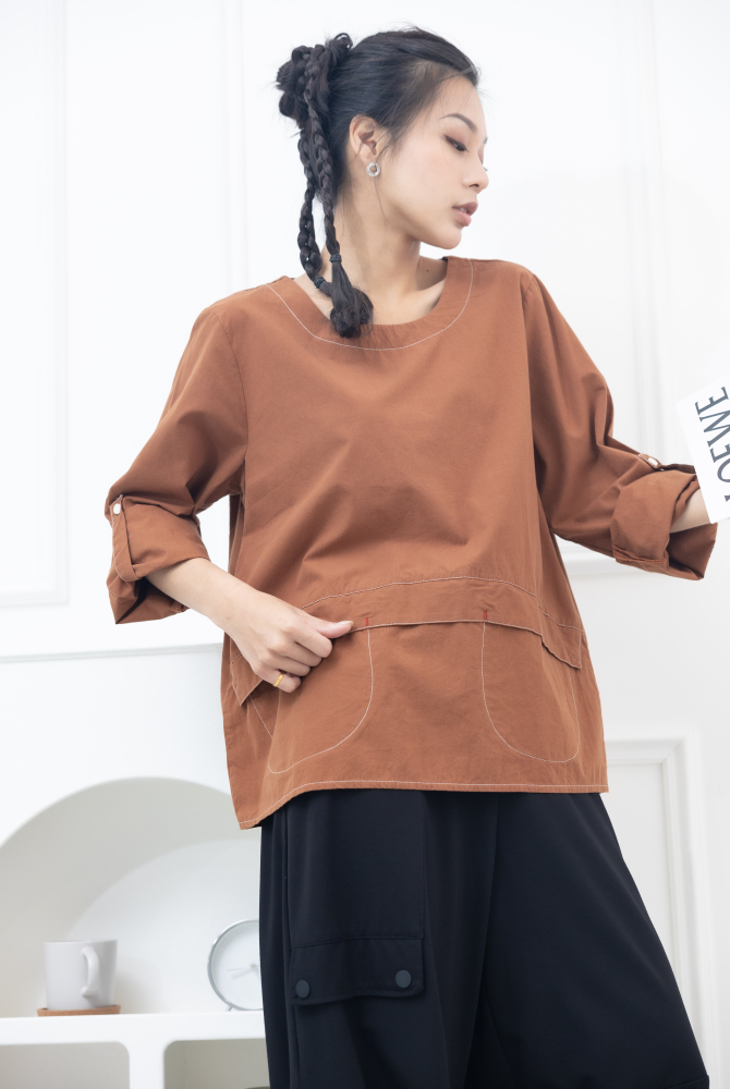 긴팔 兩側U型口袋上衣 / 磚紅棕色