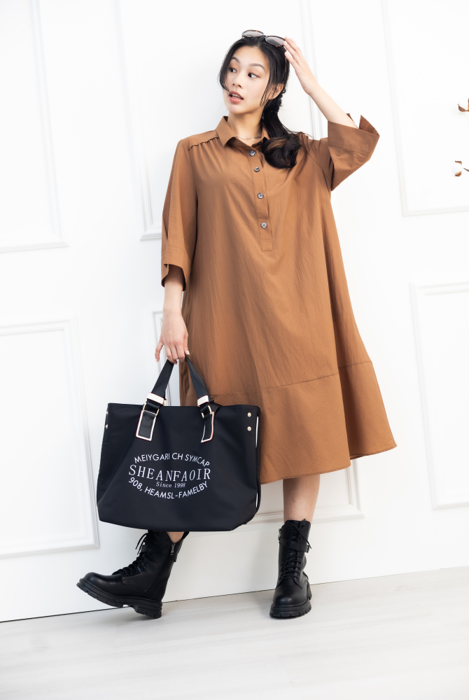 원피스 魚尾下擺七分袖洋裝 / 咖啡色