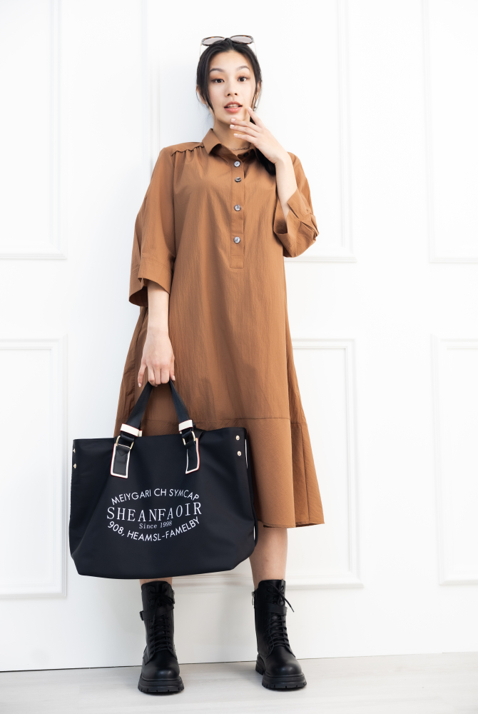 원피스 魚尾下擺七分袖洋裝 / 咖啡色