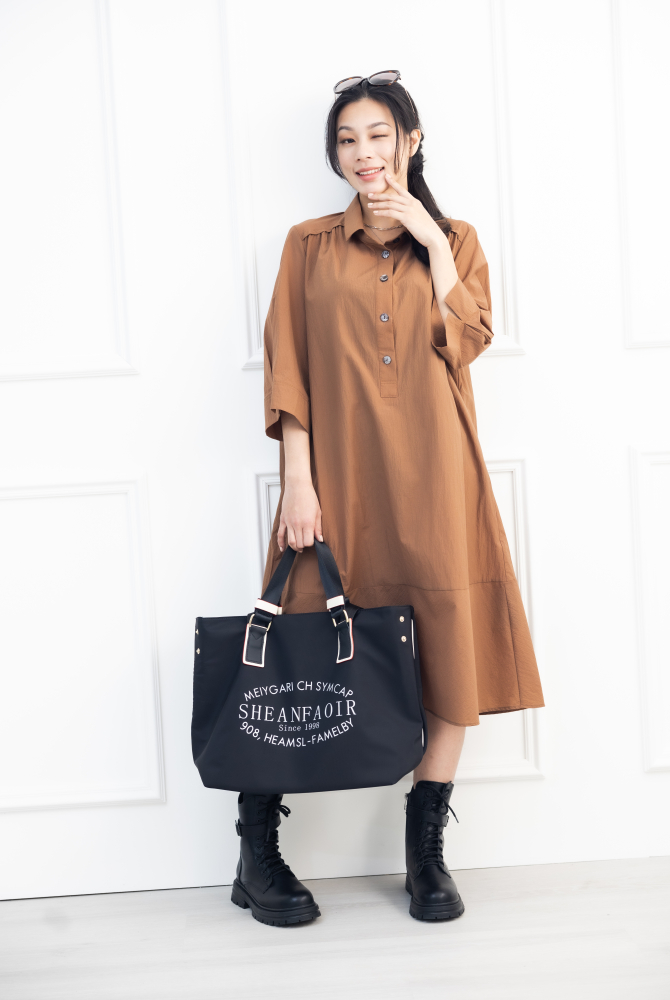 원피스 魚尾下擺七分袖洋裝 / 咖啡色