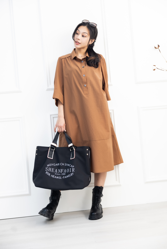 원피스 魚尾下擺七分袖洋裝 / 咖啡色