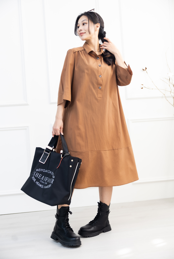 원피스 魚尾下擺七分袖洋裝 / 咖啡色