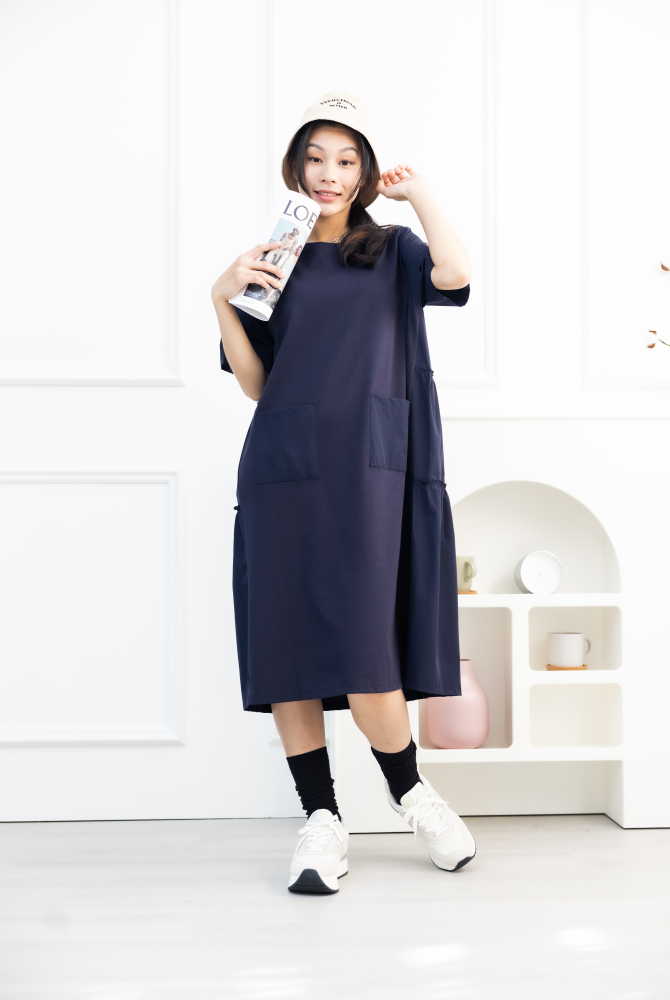 원피스 素色異材質絣接短袖洋裝 / 藍色