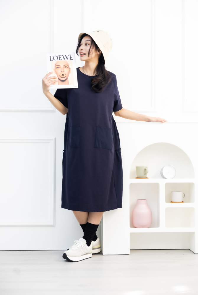 원피스 素色異材質絣接短袖洋裝 / 藍色