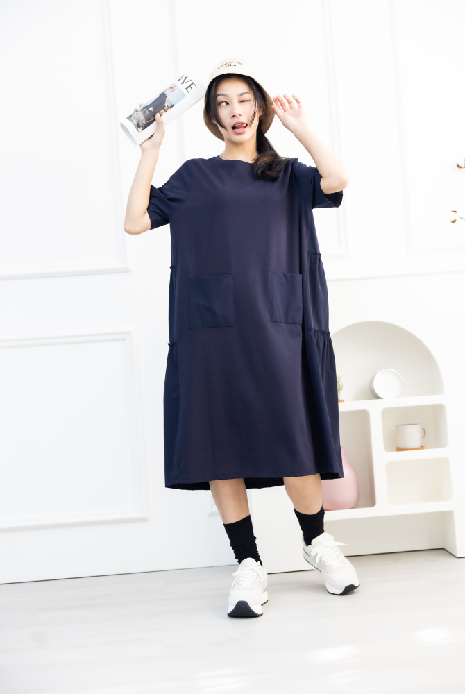 원피스 素色異材質絣接短袖洋裝 / 藍色