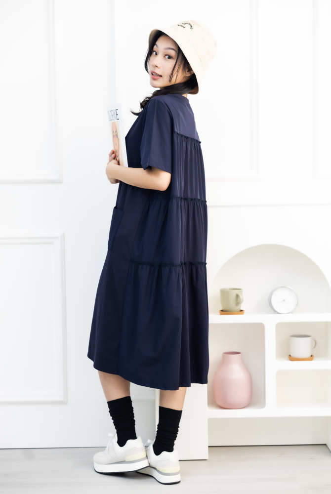 원피스 素色異材質絣接短袖洋裝 / 藍色