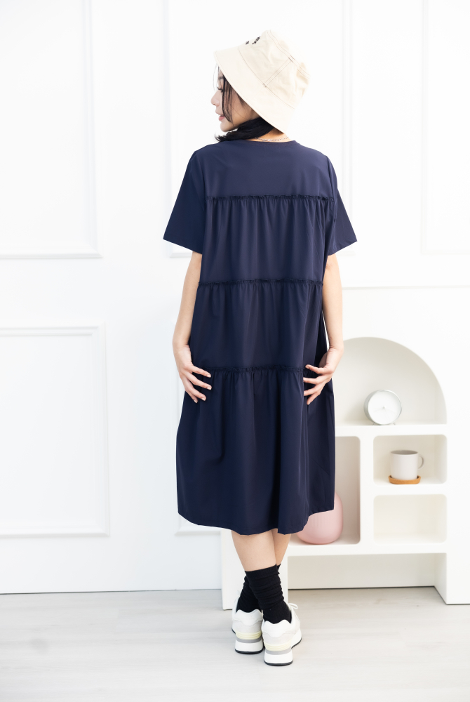 원피스 素色異材質絣接短袖洋裝 / 藍色