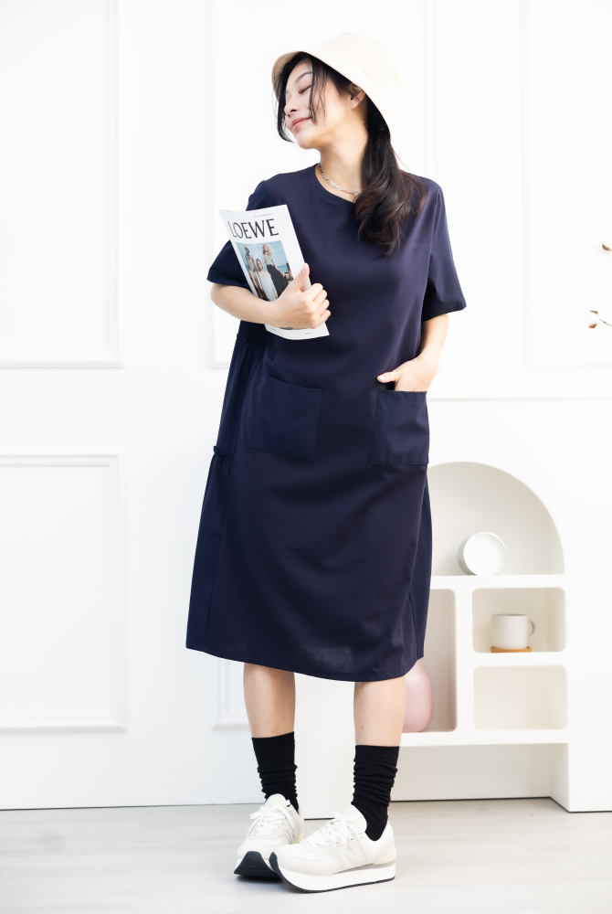 원피스 素色異材質絣接短袖洋裝 / 藍色