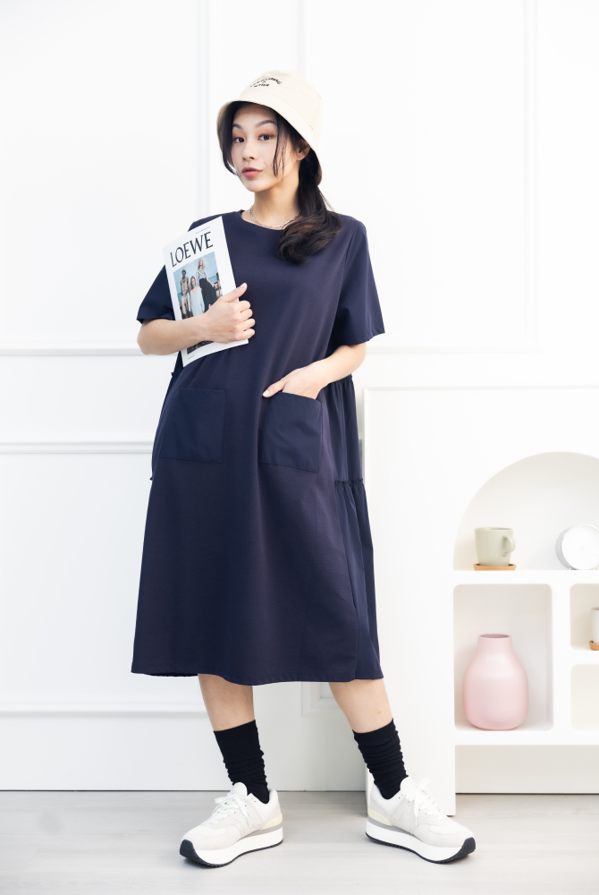 원피스 素色異材質絣接短袖洋裝 / 藍色