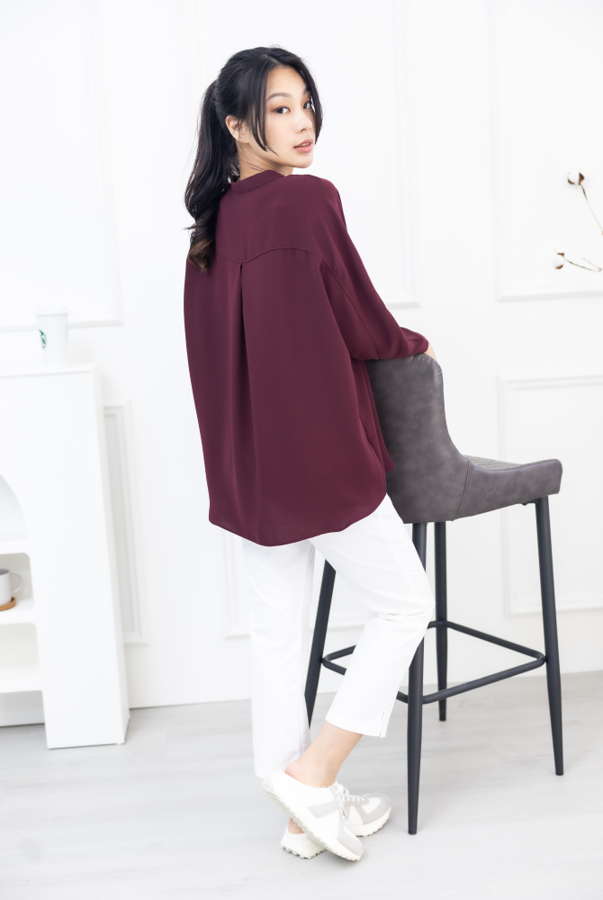 긴팔 格子金屬圖騰 半領微開襟七分袖上衣 / 棗紅色