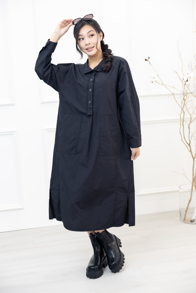 원피스 腰側口袋長袖洋裝 / 黑色