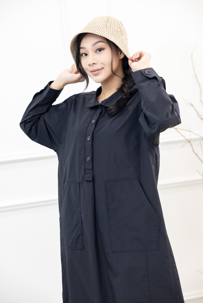 원피스 腰側口袋長袖洋裝 / 黑色