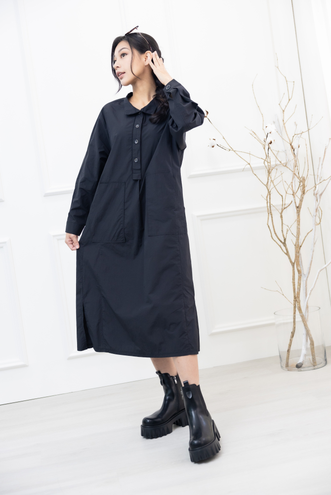 원피스 腰側口袋長袖洋裝 / 黑色