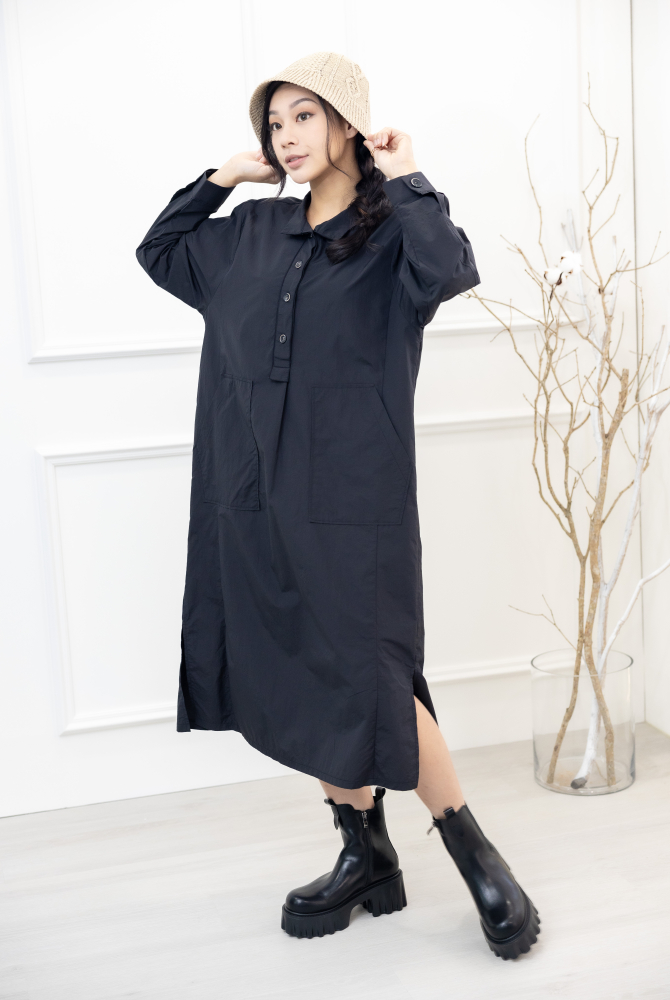 원피스 腰側口袋長袖洋裝 / 黑色