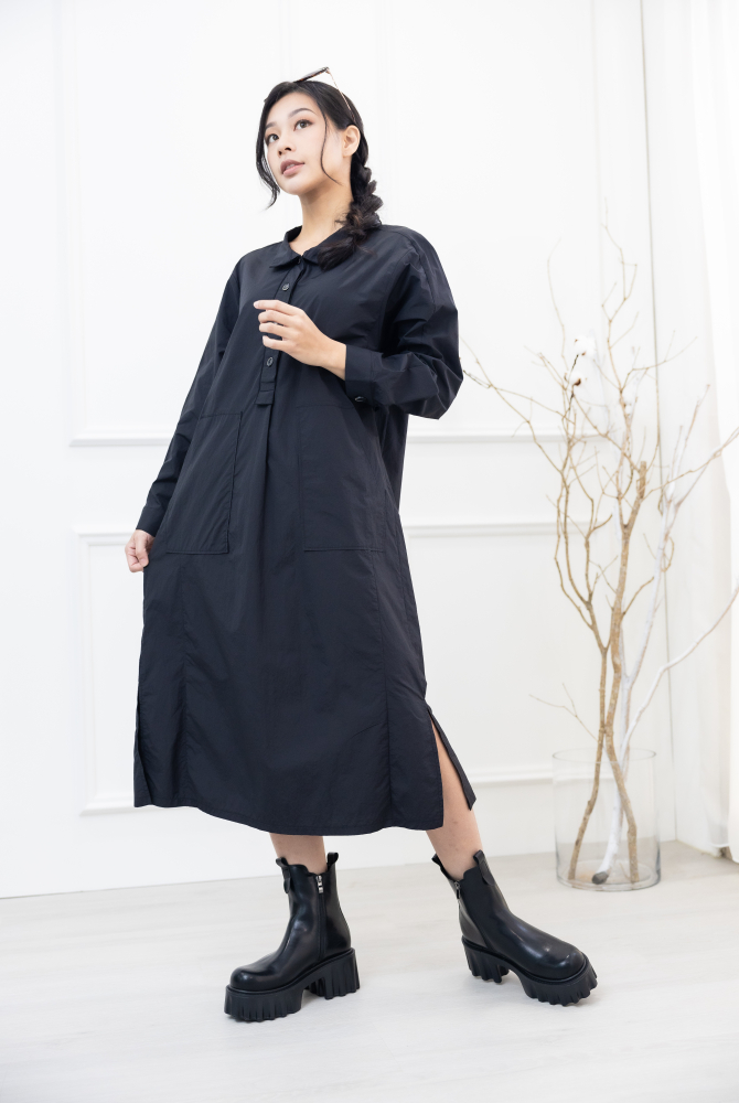 원피스 腰側口袋長袖洋裝 / 黑色