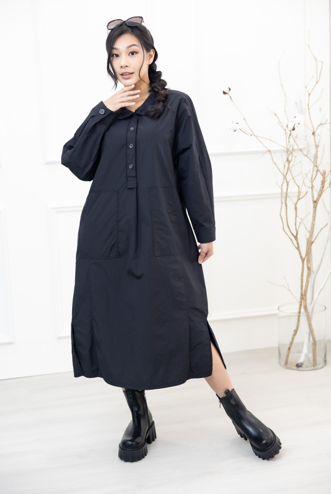 원피스 腰側口袋長袖洋裝 / 黑色