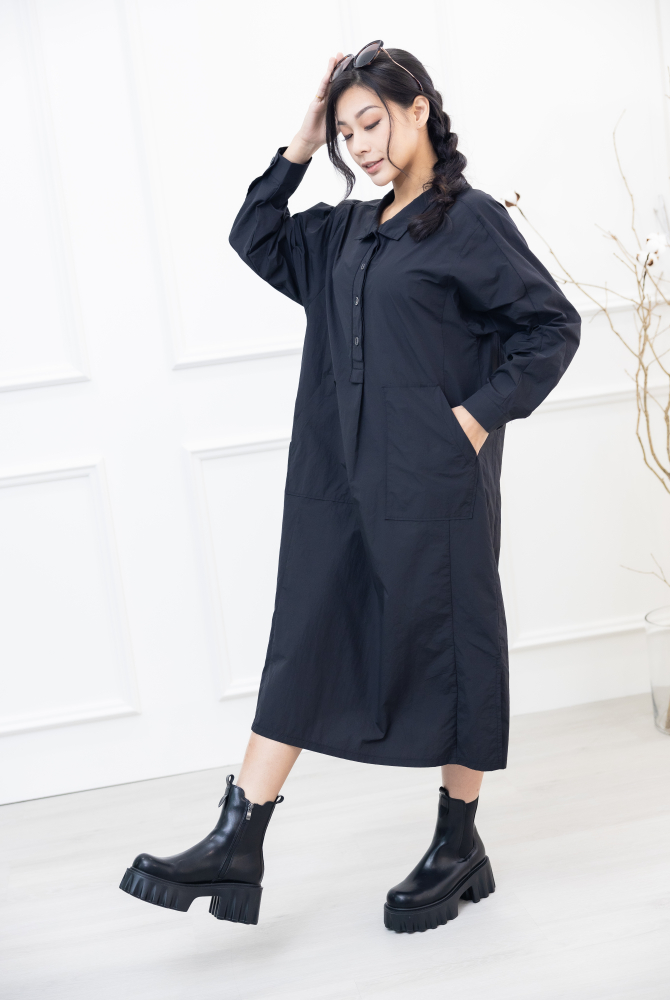원피스 腰側口袋長袖洋裝 / 黑色