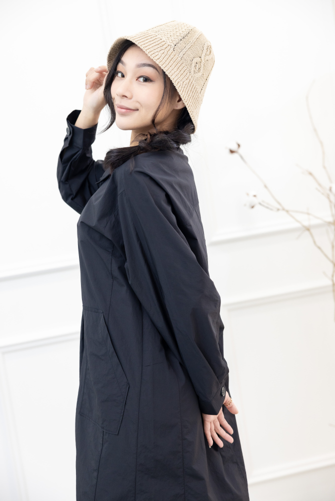 원피스 腰側口袋長袖洋裝 / 黑色