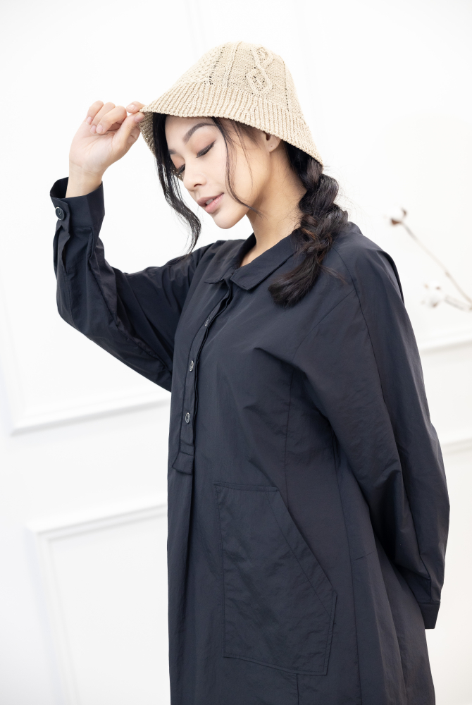 원피스 腰側口袋長袖洋裝 / 黑色