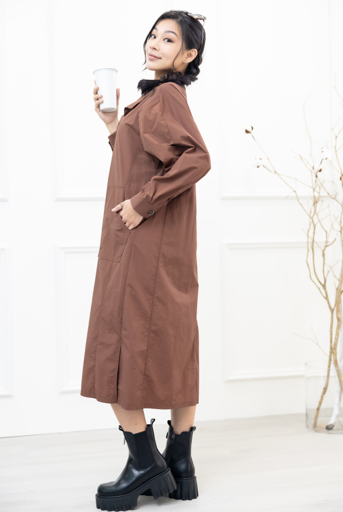 원피스 腰側口袋長袖洋裝 / 咖啡色