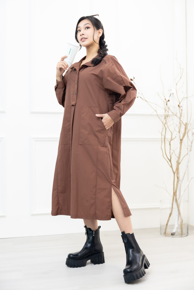 원피스 腰側口袋長袖洋裝 / 咖啡色