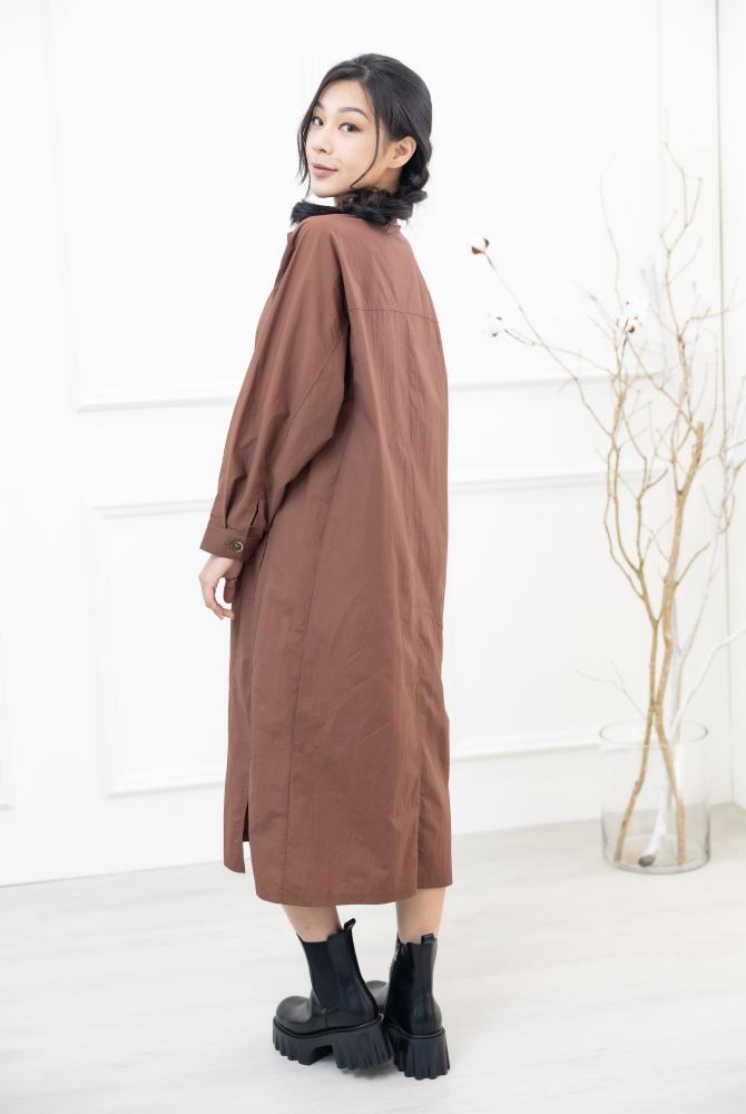 원피스 腰側口袋長袖洋裝 / 咖啡色