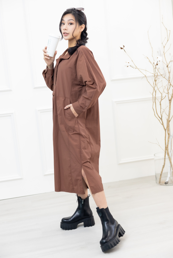 원피스 腰側口袋長袖洋裝 / 咖啡色