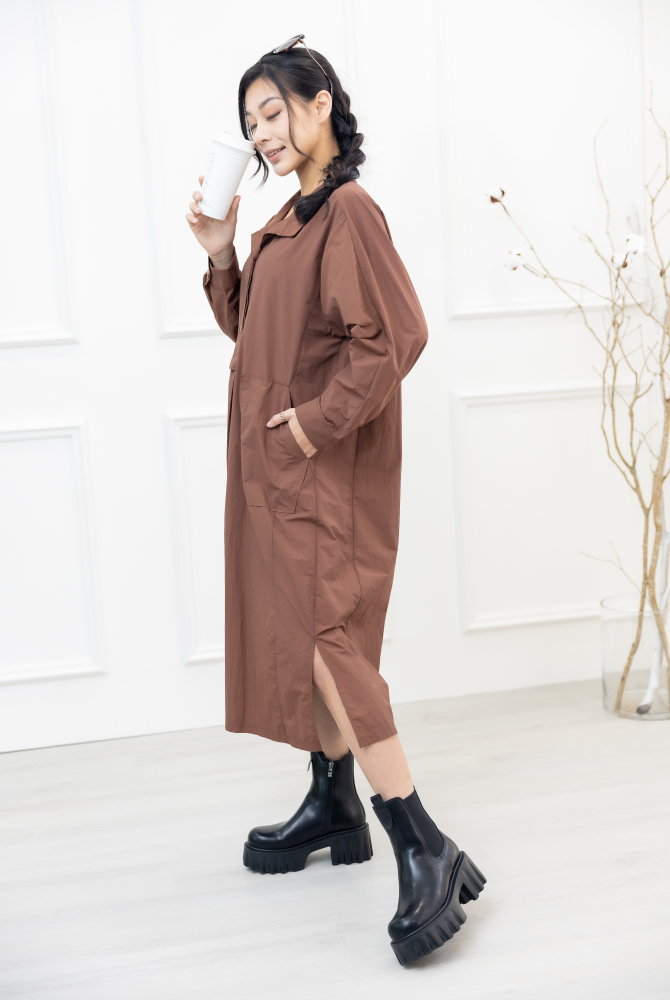 원피스 腰側口袋長袖洋裝 / 咖啡色