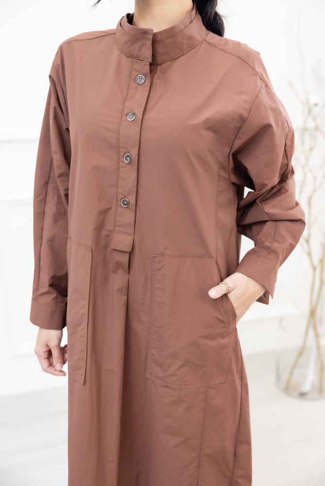 원피스 腰側口袋長袖洋裝 / 咖啡色