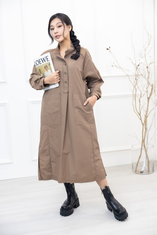 원피스 腰側口袋長袖洋裝 / 淺卡其色