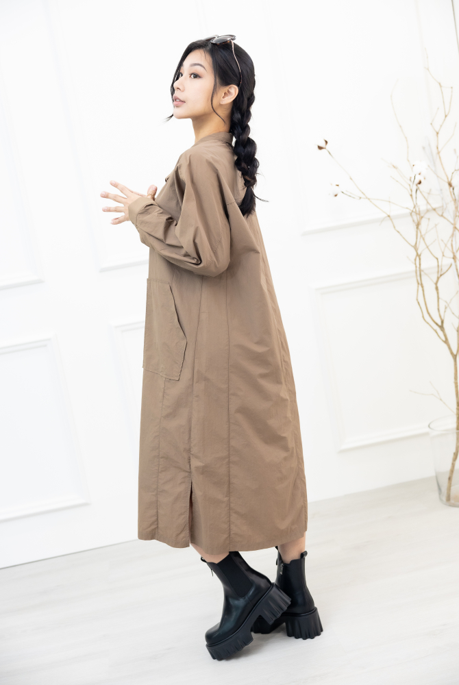 원피스 腰側口袋長袖洋裝 / 淺卡其色