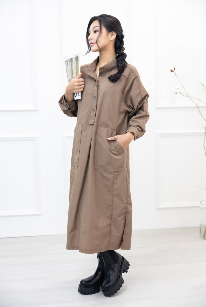 원피스 腰側口袋長袖洋裝 / 淺卡其色