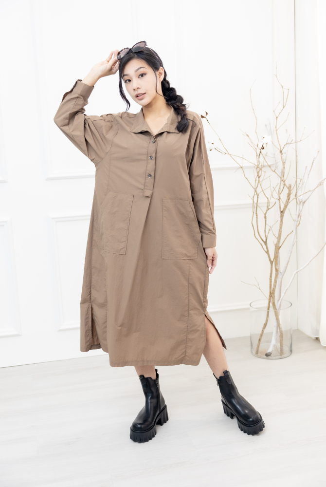 원피스 腰側口袋長袖洋裝 / 淺卡其色