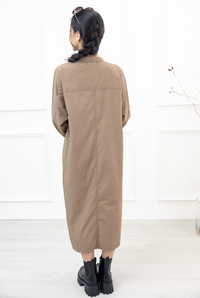 원피스 腰側口袋長袖洋裝 / 淺卡其色