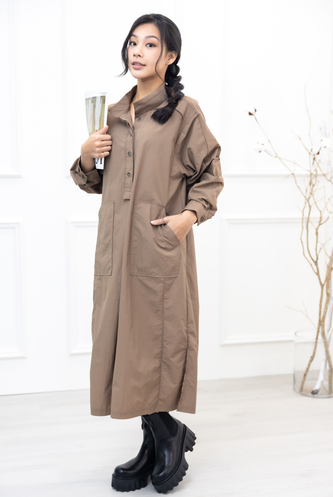 원피스 腰側口袋長袖洋裝 / 淺卡其色
