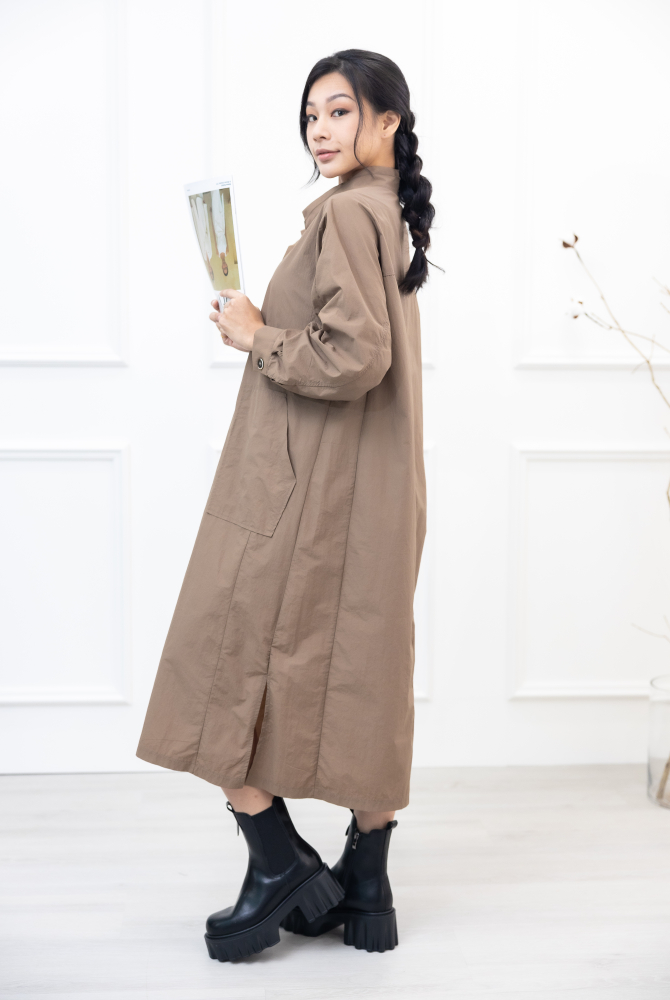 원피스 腰側口袋長袖洋裝 / 淺卡其色