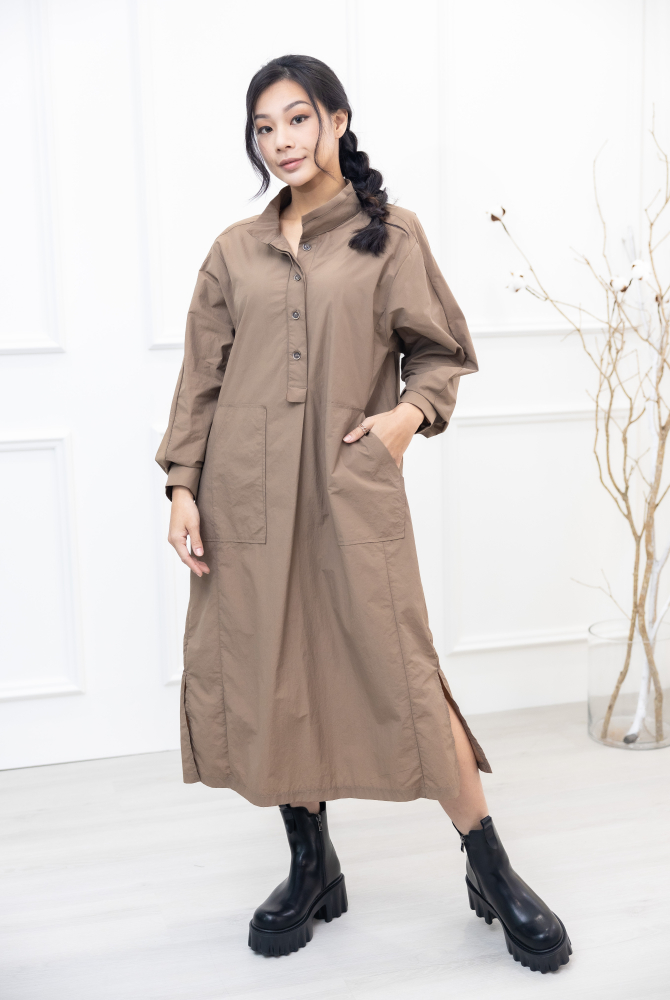 원피스 腰側口袋長袖洋裝 / 淺卡其色