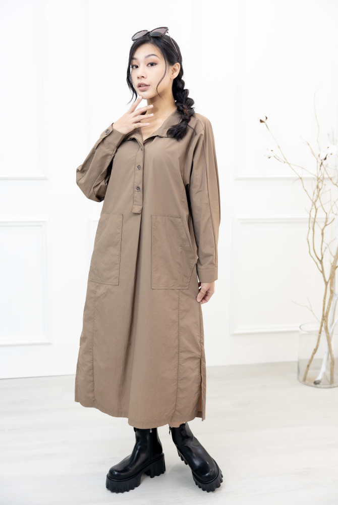 원피스 腰側口袋長袖洋裝 / 淺卡其色