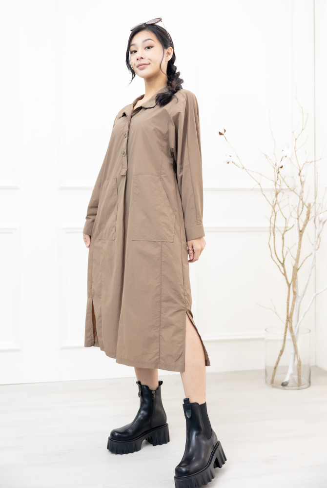 원피스 腰側口袋長袖洋裝 / 淺卡其色