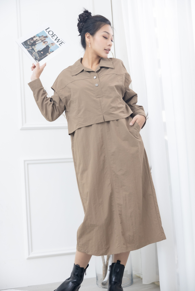 원피스 假兩件背心洋裝 / 淺卡其色