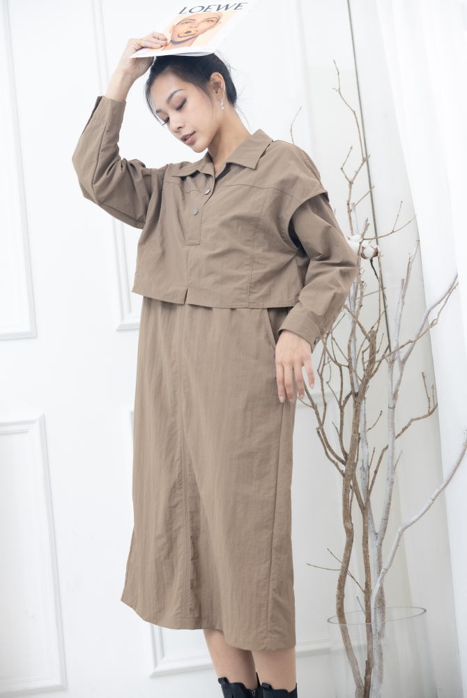 원피스 假兩件背心洋裝 / 淺卡其色