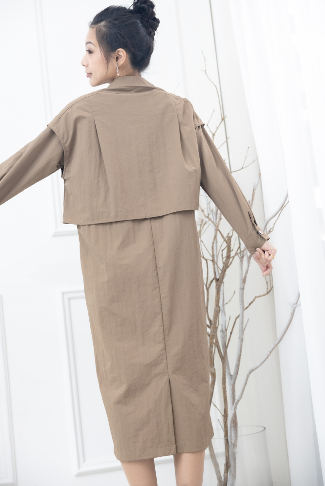 원피스 假兩件背心洋裝 / 淺卡其色