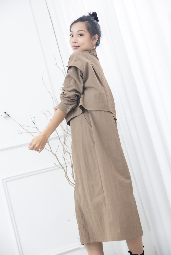 원피스 假兩件背心洋裝 / 淺卡其色