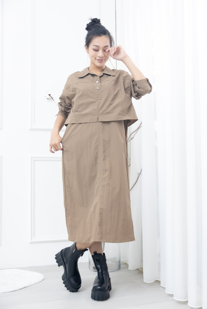 원피스 假兩件背心洋裝 / 淺卡其色