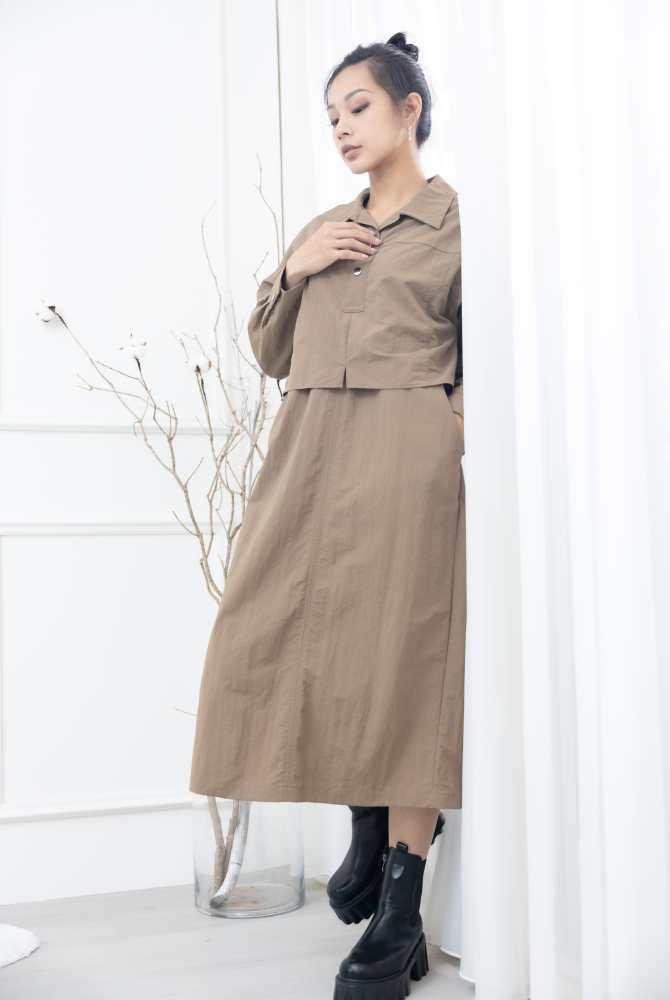 원피스 假兩件背心洋裝 / 淺卡其色