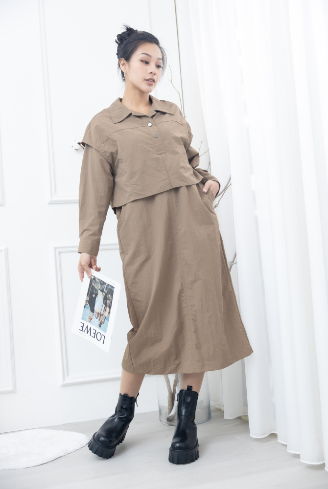 원피스 假兩件背心洋裝 / 淺卡其色