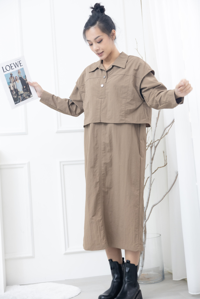 원피스 假兩件背心洋裝 / 淺卡其色