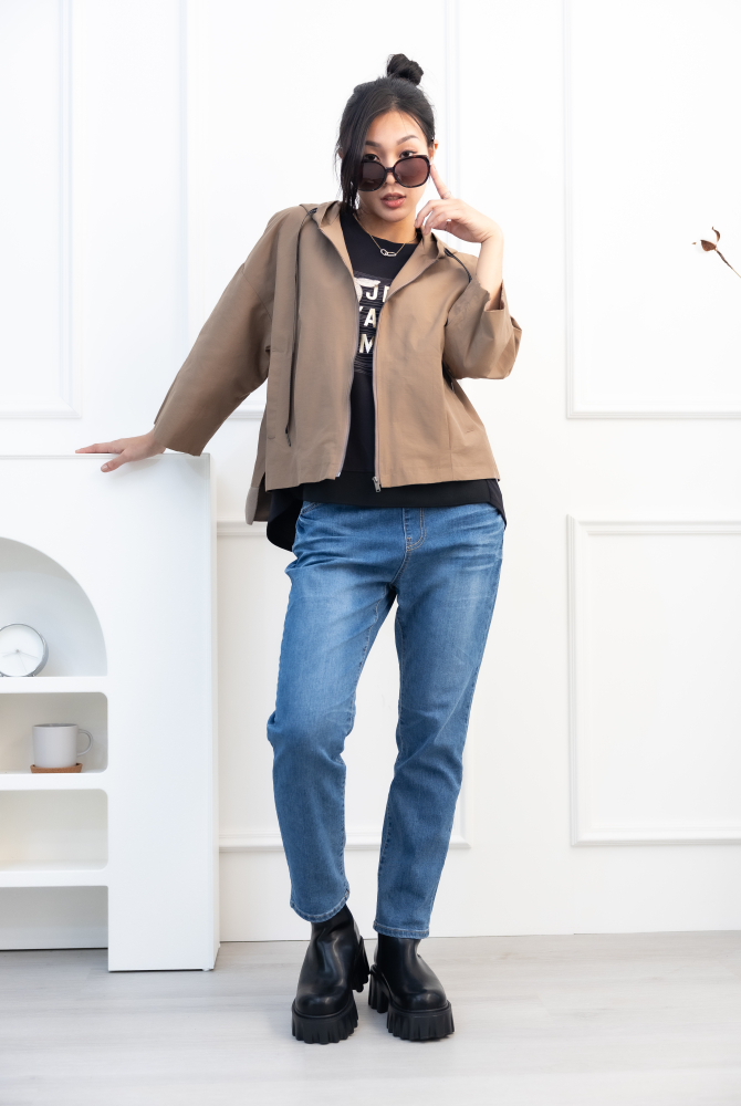 긴팔 코트 箭頭圖織帶七分袖外套 / 咖啡色