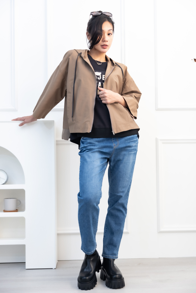 긴팔 코트 箭頭圖織帶七分袖外套 / 咖啡色