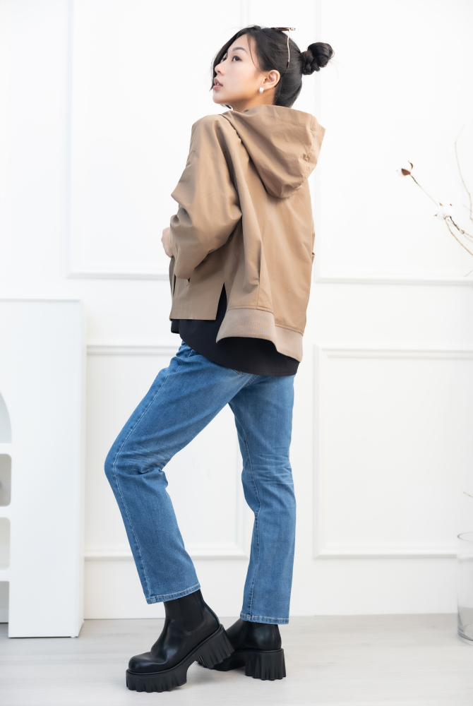 긴팔 코트 箭頭圖織帶七分袖外套 / 咖啡色